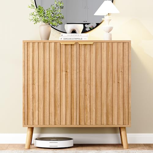 Set of 2 Fluted Storage Cabinet, Buffet Cabinet with Storage, Wood Sideboard with Adjustable Shelf, Modern Accent Cabinet & Console Table for Entryway, Living Room, Dining Room, Natural - color: Natural丨fluted Panel, size: 2 Pieces