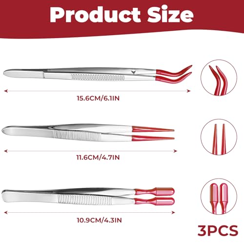3 PCS Tweezers with Rubber Tips - Long Tweezers for Crafts Stainless Steel Bent Flat and Pointed Precision Tweezer for Stamps Coins Jewelry Crafts Industrial Electronic Lab