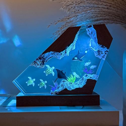 Orca Ocean Resin Lamp, Handmade Wooden Table Resin Night Light, USB Port Art Ornaments for Home Office Decor, Scuba Diver Gifts for Holiday, Unique Birthday Gifts for Mom Grandma Brother Sister - color: Orca, size: S
