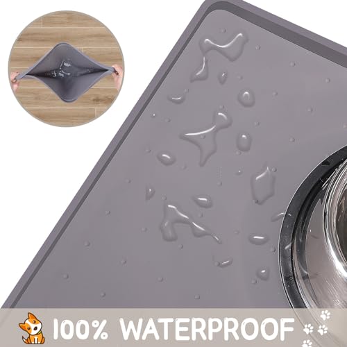 MateeyLife Silicone Cat & Dog Food Mat for Floors Waterproof, Anti-Slip Dog Bowl Mats for Food and Water, Pet Feeding Mats with Lip to Prevent Spills, Pet Placemat for Messy Drinkers to Protect Floors - color: Gray, size: 22''×14''