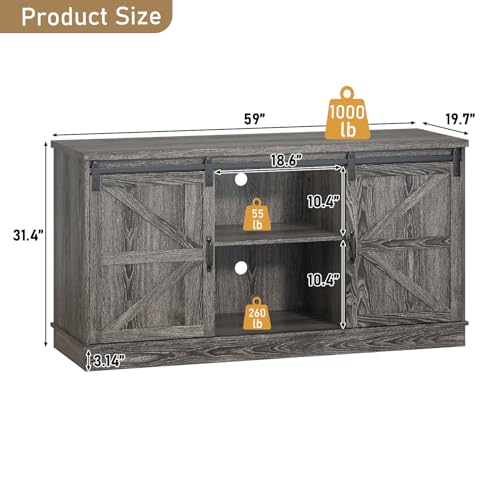 Hlivelood Farmhouse 75-120 Gallon Fish Tank Stand with Power Outlet, Aquarium Stand w/Cabinet&Sliding Barn Door, Heavy Duty Reptile Tank Stand for Fish/Turtle/Reptile Terrarium, 1000LB Capacity, Grey - color: Grey, size: 75-120 Gallon