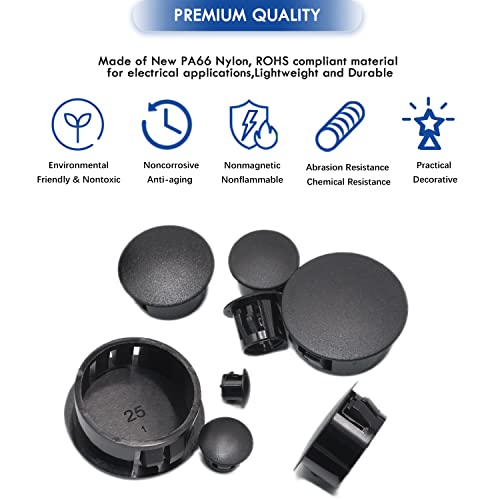 250 PCS 8 Sizes Nylon Plastic Hole Plugs Black 1/4, 5/16, 3/8, 1/2, 5/8, 3/4, 7/8, 1 Inch Round Hole, Flush Type Panel Knockout Locking Plugs, Furniture Cabinet Pipe Insert End Covers Caps - size: 8 Sizes, Black((1/4“-1”, 250 PCS)