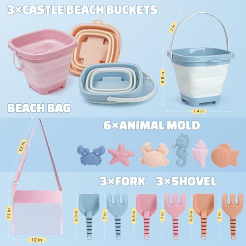 Dreamon Beach Toys Set for Kids 3-10, Collapsible Sand Buckets with Beach Molds and Mesh Bag, 3 Pack Shovels Set Sand Toys for Beach, Sandbox Travel Toys for Toddlers Kids - color: Pink/Orange/Blue