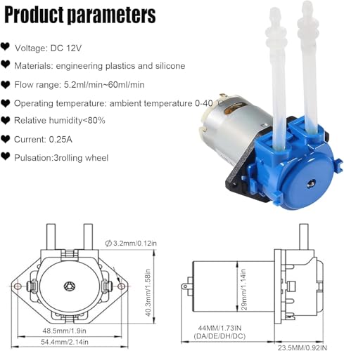 12V DC Dosing Pump Peristaltic Dosing Head Low Flow Peristaltic Pump with Connector and 5M 3mmx5mm Tube - size: Straight board