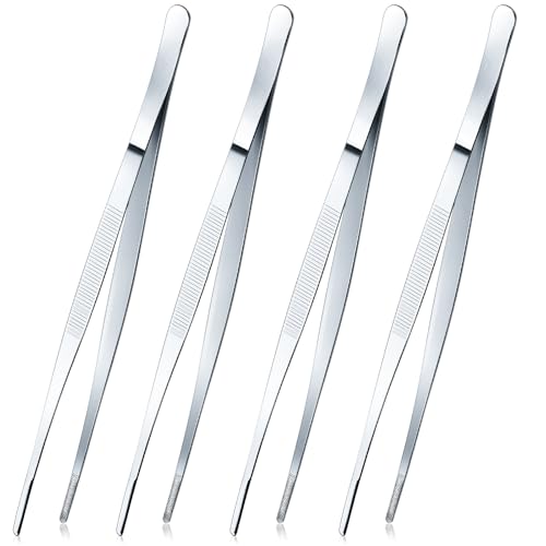 Yaomiao 4 Packs 10 Inch Bar Tweezers Silver Cocktail Tongs Long Garnish Tweezers Stainless Steel Bartender Kitchen Cooking Tongs for Cocktail Food Fruit Korean BBQ Bartender Chef, Multi-use - color: Silver, size: 10 Inch