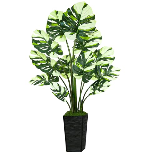 UPBUD Artificial Monstera Deliciosa Plant, 5FT Fake Monstera Tree with 12 Lifelike Leaves & Black Planter, 60in Tall Faux Floor Plants Fake Trees for Indoor Outdoor Home Living Room Office Decor - color: White Leaves Black Planter