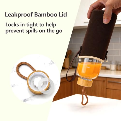Sursip 32 oz Glass Water Bottle - Nylon Bottle Protection Sleeves, Bamboo Lid, And 1L Time Marked Measurements, Reusable, Eco-Friendly, Safe for Hot Liquids Tea Coffee Daily - color: Black-Bamboo