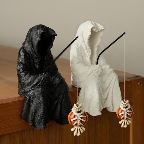 Fishing Sitting Statue Gothic Robe, Halloween Fish Tank Decor, Halloween Statue for Outdoor Garden Yard Lawn Shelf Table and Desktop (2pcs) - color: 2pcs