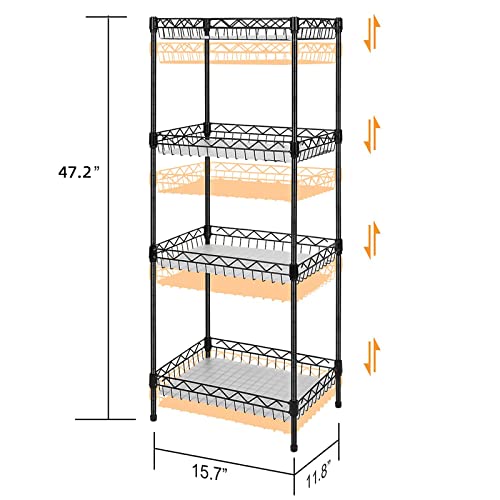 Storage Shelves, 4-Tier Wire Shelving Unit with Baskets Storage Rack Corner Shelf Shelving Adjustable Storage Shelf, 11.8" D x 15.7" W x 47" H, Black - size: 4-Black Net basket rack