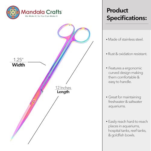 Mandala Crafts 12 Inches Rainbow Stainless Steel Straight Aquarium Scissors for Trimming Aquatic Plants – Long Aquascape Scissors for Fish Tanks, Hospital Tanks, Goldfish Bowls, and Terrariums - color: Rainbow Straight Scissors, size: 12 Inches