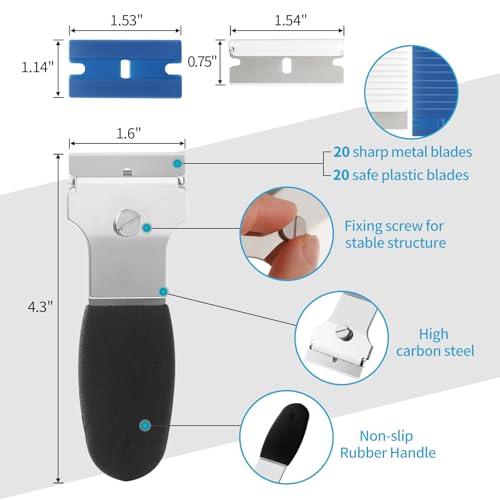 4 Pack Razor Blade Scraper, with 20 Metal & 20 Plastic Blades, Multi-Purpose Cleaning Remover Tool for Glass Caulk, Adhesive, Wall, Stovetop, Paint, Window, Sticker, Tile, Label Decals