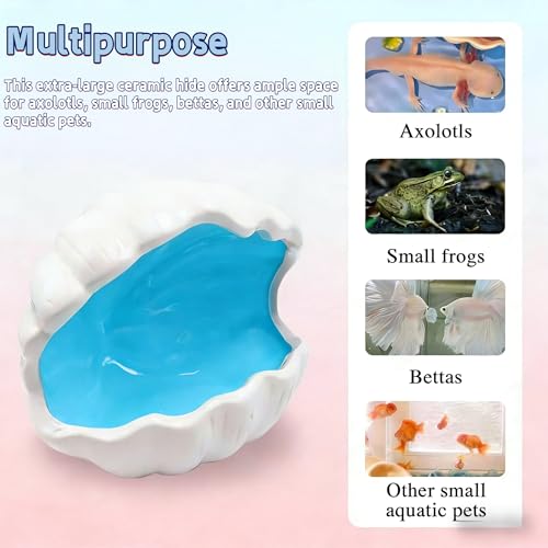 3Pcs Axolotl Tank Accessories, Hide Shell Shape Ceramic Fish Tank Cave, Silk Plants, Feeder Bowl, Fish Tank Decor Shelter for Small Pet Frog Fish Betta (Extra Large, Blue)