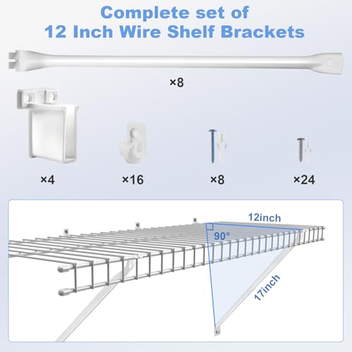 12 Inch Wire Shelf Brackets Set, 8 Pack Metal White Closet Support Bracket with End Brackets & Clips for Wire Shelving Wall Bracket Installation, Support Wire Closet Shelves Racks (8 Pack) - size: 8 Pack