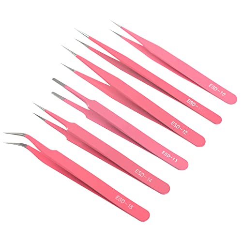 H&W Pink Precision Tweezers 6PCS Set, Upgraded Anti-Static Stainless Steel Curved of Tweezers for Women, for Electronics, Laboratory Work, Jewelry-Making, Craft, with Storage Bag - color: Pink