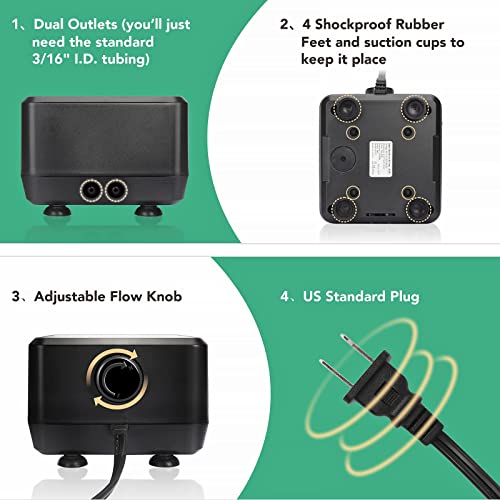 hygger 5W/10W Ultra Quiet Aquarium Air Pump, Adjustable Oxygen Aerator with Dual Outlets – 160 GPH/250 GPH for Fish Tanks up to 150 Gallons/600 Gallons - size: 5W, Up to 150 Gallon