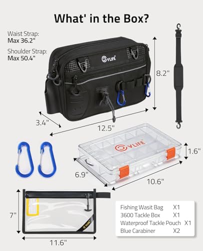 CVLIFE Fishing Tackle Bag Waist Pack with Rod Holder, Water Resistant Fanny Pack Includes 3600 Tackle Box, Waterproof Pouch & Carabiners, Convertible Sling Bag with Net Holster for Gear - color: Black