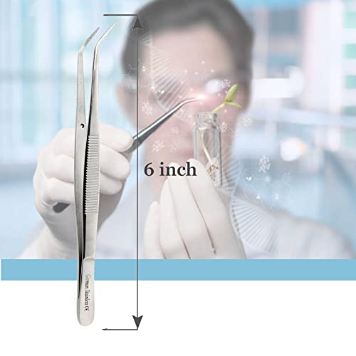 Lab Tweezers High Precision Forceps, 6" (15.2 cm), Fine Strong Angled Point tweezers, Stainless Steel - size: 6" Angled