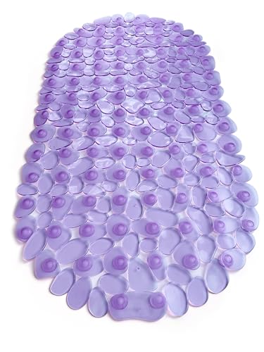 “Pebbles” Non-Slip Bathtub & Shower Mat 27”x14” Oval - Non-Toxic - Safe, Clean, Machine-Washable, Superior Grip & Drainage, Vinyl, for Smooth Floors ONLY, Transparent Purple - color: Transparent Purple, size: 27" x 14" (Oval)