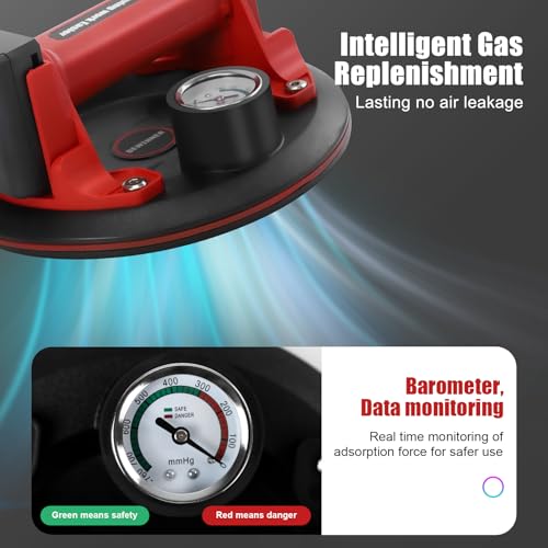 DEWINNER 8" Electric Vacuum Suction Cup with Pressure Gauge,Heavy Duty Glass Lifter,Industrial Strength Suction Cup,Auto Start Pump for Glass,Granite,Tile,Metal,300KG/660LBS Load Capacity - color: Red2 with 2 batteries