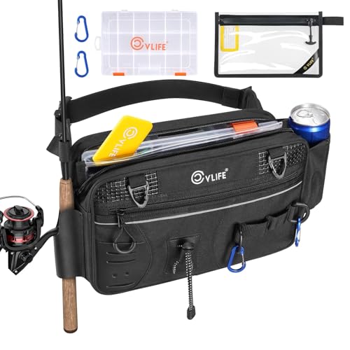 CVLIFE Fishing Tackle Bag Waist Pack with Rod Holder, Water Resistant Fanny Pack Includes 3600 Tackle Box, Waterproof Pouch & Carabiners, Convertible Sling Bag with Net Holster for Gear - color: Black