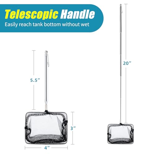 AQUANEAT Aquarium Net with Extendable Long Handle, Adjustable Wastes Skimming Cleaning Tools for Fish Tanks, 4 inch - size: 4 Inch