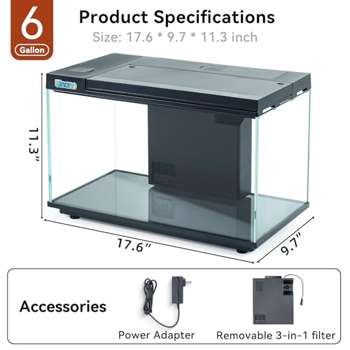 17.6x9.7x11.3 in Fish Tank Kit Complete Aquarium for Betta Fish Goldfish | Real-Time Temp Display, 3-Speed Water Pump, Smart Storage, Flexible Filter, 6 Color Lights