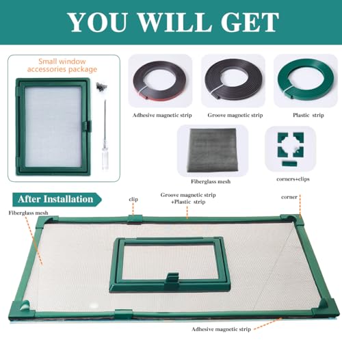 Magnetic Fish Tank Cover with Feeding Window Green Frame Grey Fiberglass Mesh, DIY Fish Tank Lid Adjustable Size Fit Tank Size Max 35''X19'' for Preventing Fish from Jumping Out and Reptile Escaping