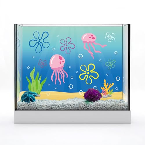 Fish Tank Jellyfish Sticker Decor - 2PCS 16.14 x 12.2 Inches Under the Sea Aquarium Background Stickers Decoration, Removable PVC Cartoon Underwater Beach Fish Tank Terrarium Background Decor S