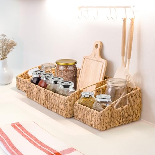 KOKODO Rectangular Wicker Storage Baskets for Shelves, Set of 3 Water Hyacinth Woven Bins with Handles, Open Front Pantry Shelf Organizer for Closet, Bedroom, Boho Decorative, Natural - color: Open Front - Set 3
