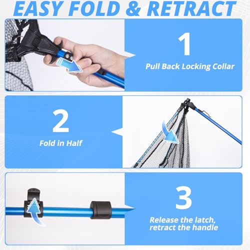Retractable Extra Long Landing Net - 81" Large Fishing Net with Telescoping Handle, Rubber Coated Polyethylene Netting - Easy Folding