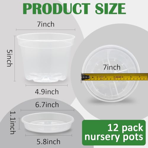 12 Pack 7 Inch Clear Nursery Pots with Saucer, Transparent Plastic Plant Pots with Drainage Holes, Sturdy Plant Starter Pots, Planter Pot for Planting Succulent Flower Herb Vegetable, Gardening Gifts - size: 7 Inch-12P