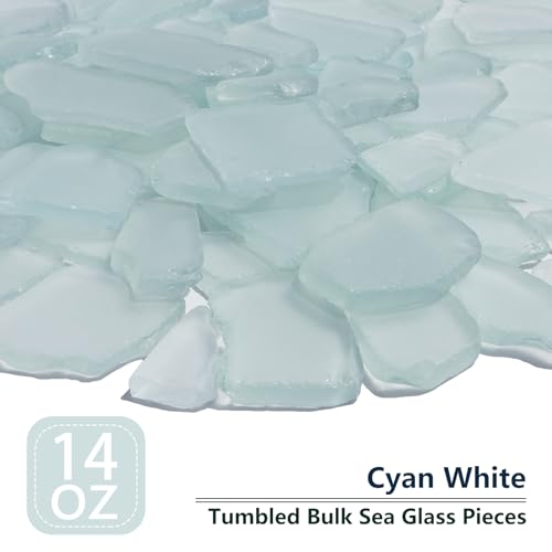 QYGL Sea Glass for Crafts - 14oz White Frosted Seaglass Pieces - Vase Filler and Aquarium Ornament, DIY Craft Supplies for Art, Beach Weddings, and Home Decor - color: Cyan White