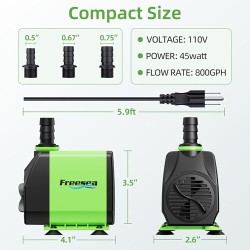 800gph Small Pond Pump: 45w Adjustable Flow Circulate 500-1200 Gal Pond 1-2 Times in 1.5 Hour - 3 Year Durable Operation Keep Water Fresh for Koi health - size: 800GPH 45Watt