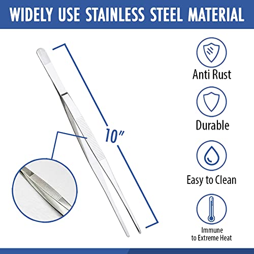 Stainless Steel Tweezers Straight Tip 10 inch, Durable Lightweight Garden Feeding Aquatic Plants Forceps Tongs with Comfortable Ridged Long Handle for Crafting Cooking Aquariums Repairing All-Purpose