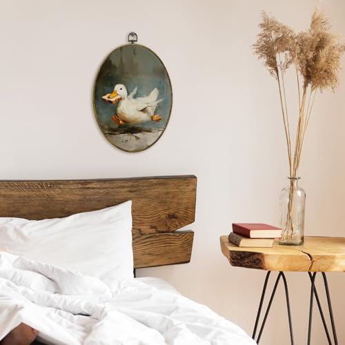 XFCICRLJ Vintage Duck Wall Art Decor, Rustic Farm Animal Oval Canvas Prints Framed, Cottagecore Whimsical Duck Bite Bread Wall Art Decorations for Home Bedroom Living Room Decor, 11x8.5 Inch - color: Duck01