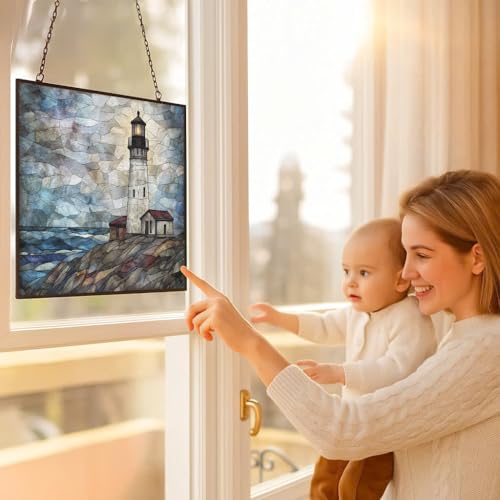 Customized Rectangle Vintage Lighthouse Shore Stained Glass Window Hanging, Suncatcher for Women, Stained Glass Window Decor Perfect Home Décor - color: Vintage Lighthouse Shore 3, size: 15x11 IN