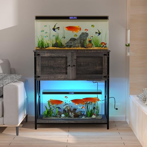 20-29 Gallon Fish Tank Stand, Aquarium Stand with Power Outlets &LED Light, Metal Frame Fish Tank Stand with Cabinet Accessories Storage, 30.7" L*15.7" W Tabletop, 330LBS Capacity, Dark Oak - color: Dark Oak