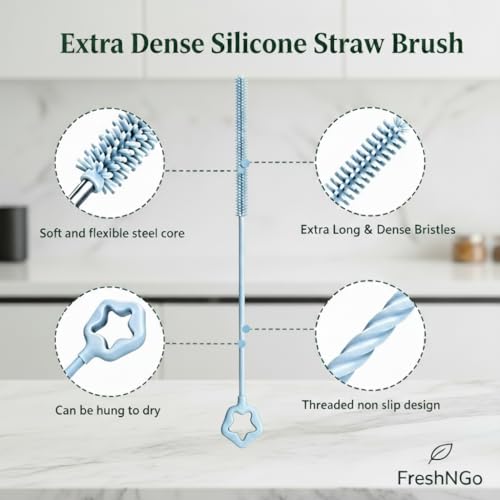 FreshNGo Silicone Straw Cleaner Brush, 4-Pcs Reusable Extra-Long Brush for Cleaning Metal & Glass Straws, Milkshake & Tumbler, 6mm+9mm (4, Blue) - color: Blue