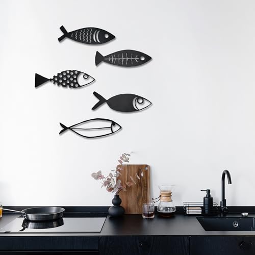 Rajukit 5 Pcs Metal Fish Nautical Beach Wall Decor Hanging Wall Sculpture Decor Lake House Ocean Decor Vintage Fish Ornaments for Home Bathroom Bedroom Kid's Room