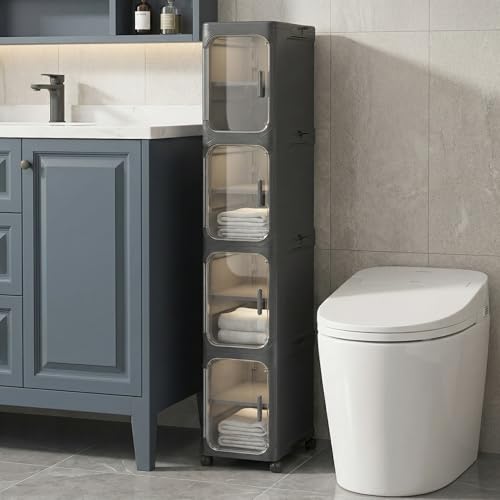 KHNR 4-Tiers Slim Bathroom Storage Cabinet, Foldable Storage Cabinets,Narrow Bathroom Storage,Movable Bathroom Storage Organizer for Small Spaces,Bathroom,Kitchen,Laundry,Black - color: Black, size: 4-Tiers