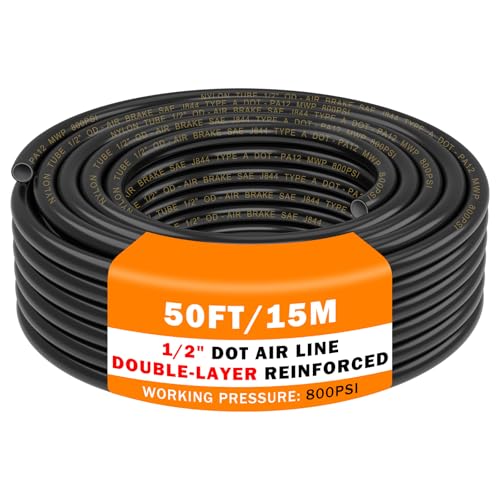 CheeMuii 50 FT 1/2" Double Layer DOT Air Line Premium PA12 Nylon 1/2 Pneumatic Tubing SAE J844 DOT Air Hose 15 Meter 1/2 Inch OD Pneumatic Air Tubing Pipe Hose Line - size: 1/2"OD-50FT-Double Layer