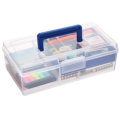 JUXYES Plastic Carry Storage Box with Removable Dividers, Clear Art Craft Supply Storage Bin Sewing Box with Handle Lid, 2 Layers Stationery Storage Case for School/Office Supplies - color: Blue
