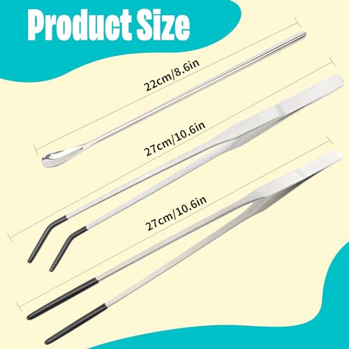 3 Pcs Stainless Steel Reptile Feeding Tool Set with 2 Rubber Tipped Tongs and 1 Crested Gecko Feeding Spoon, Crested Gecko Tank Accessories for Geckos, Lizards, Bearded Dragons, and Small Animals
