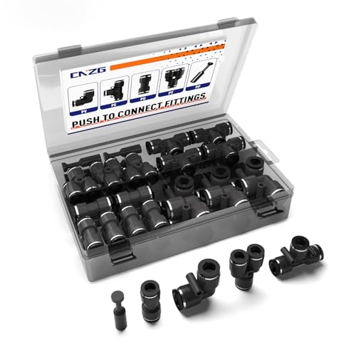 60pcs 1/4" Push to Connect Fittings, 1/4 inch OD Air Hose Tubing Air Line Fittings Pneumatic Quick Connects Kit (Tee, Straights, Elbows, Splitters,Plugs)