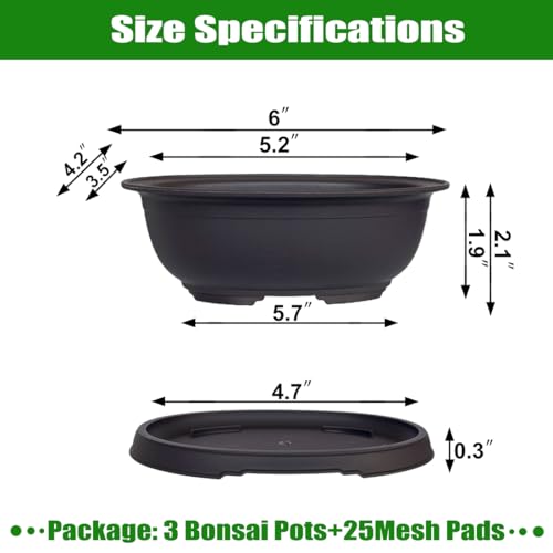 MUZHI 3 Pack Oval Bonsai Training Pot with Drainage Tray, Matte Finish Nursery Plastic Bonsai Planter with 25PCS 2inch Mesh pad (5.2" Small) - size: 5.2" Small