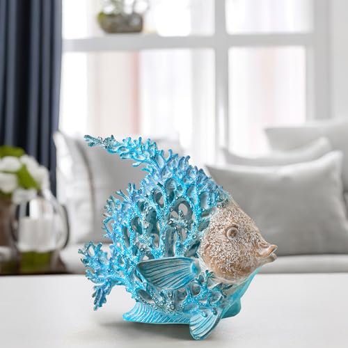 VVGIFTS Beach Coastal Decor Coral Reef Angelfish Home Office Desk Decor Sculpture Statue for Tabletop Shelf Bathroom Decoration Ornament Gift (Turquoise and Blue) - color: Turquoise and Blue