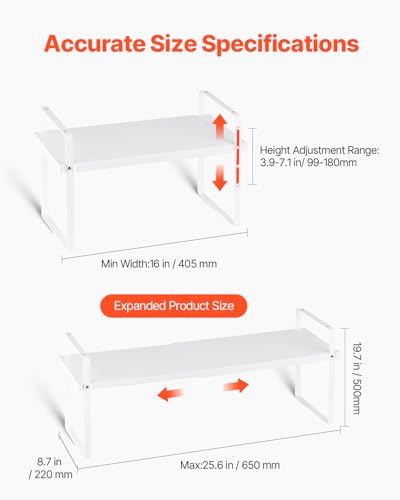 VEVOR Adjustable Kitchen Cabinet Shelf Organizer, Expandable 2 Tier Cabinet Shelf, Stackable Countertop Organizers and Storage Risers, Pantry for Kitchen Bathroom Office, White - color: White