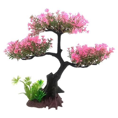 Aquarium Artificial Plants Decor, Cherry Blossom Tree with Grass Set, Pink Plastic, 9.44x3.54x2.75 Inches, for Nature Underwater Landscape (Pink) - color: Pink