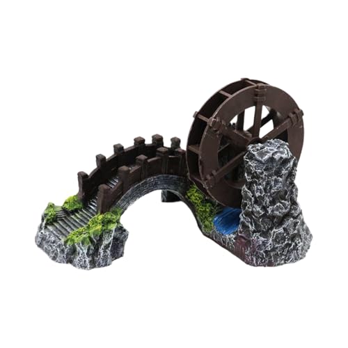 Aquarium Ornament - Water Wheel Bridge Statue, Chinese Potted Plant Simulation Decoration, Fish Tank Accessory, Sturdy Resin Material for Freshwater and Saltwater Tanks 7.09x5.91x4.72 Inches