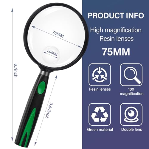 Feosky Handheld Reading Magnifier, 10X Magnifier, 75mm Shatterproof Lens, Non-Slip Handle for Adults Close Work, Seniors Reading and Nature Exploration, Hobby Observation(Green/Black) - color: Green, size: 75mm